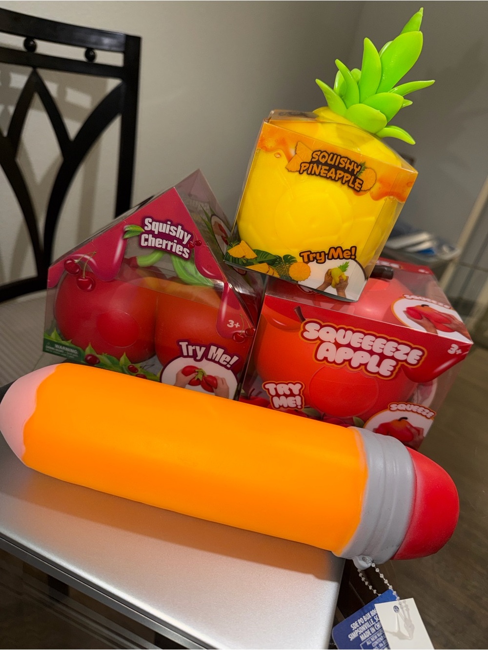 Four (4) Squeeze & Squishy Fruits Pineapple Cherry Apple & Pencil bundle